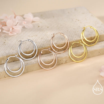 Single Piercing Double Large Hoop Earrings in Sterling Silver, Silver, Gold or Rose Gold Finish, Large Hoops, Silver Chunky Hoops