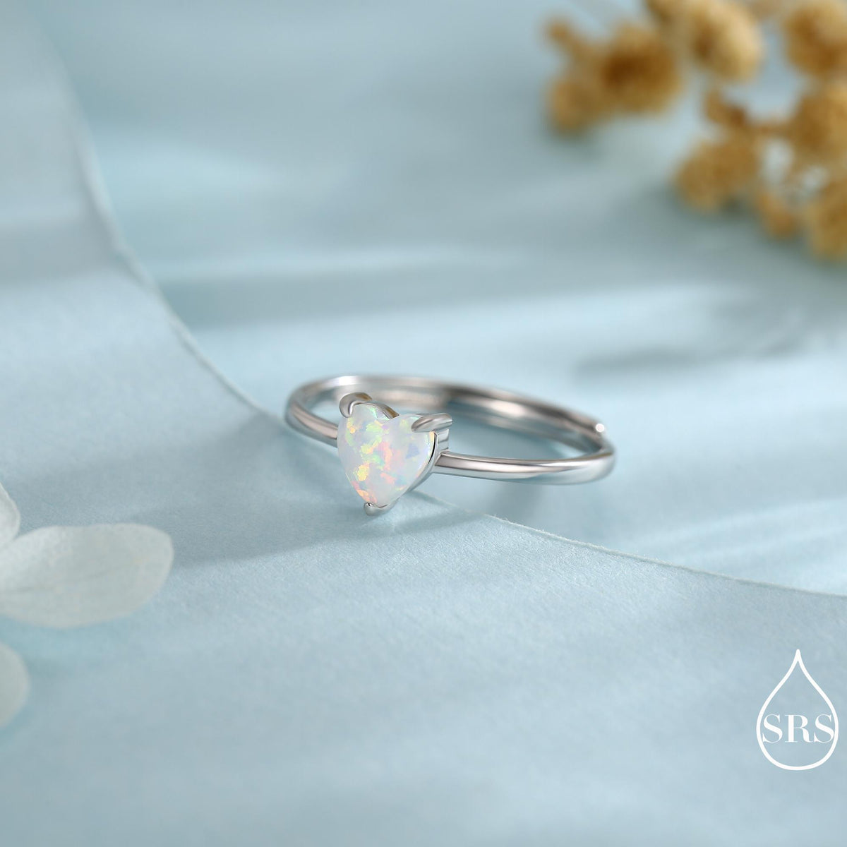 Fire Opal Heart Ring in Sterling Silver, Adjustable Size Opal Ring, Prong Set, Lab Opal Stone Ring, Opal Ring, Delicate Stacking Ring