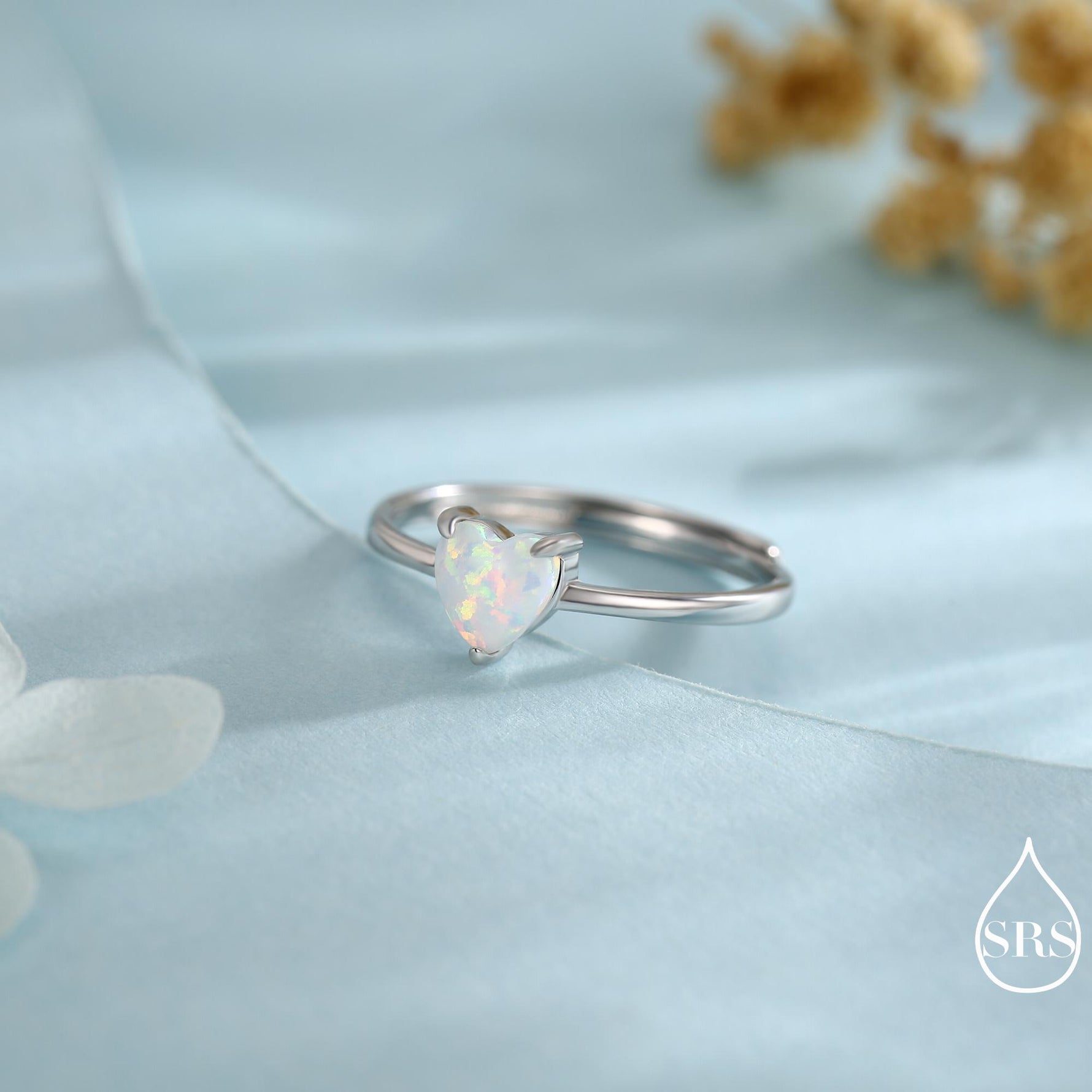 Fire Opal Heart Ring in Sterling Silver, Adjustable Size Opal Ring, Prong Set, Lab Opal Stone Ring, Opal Ring, Delicate Stacking Ring