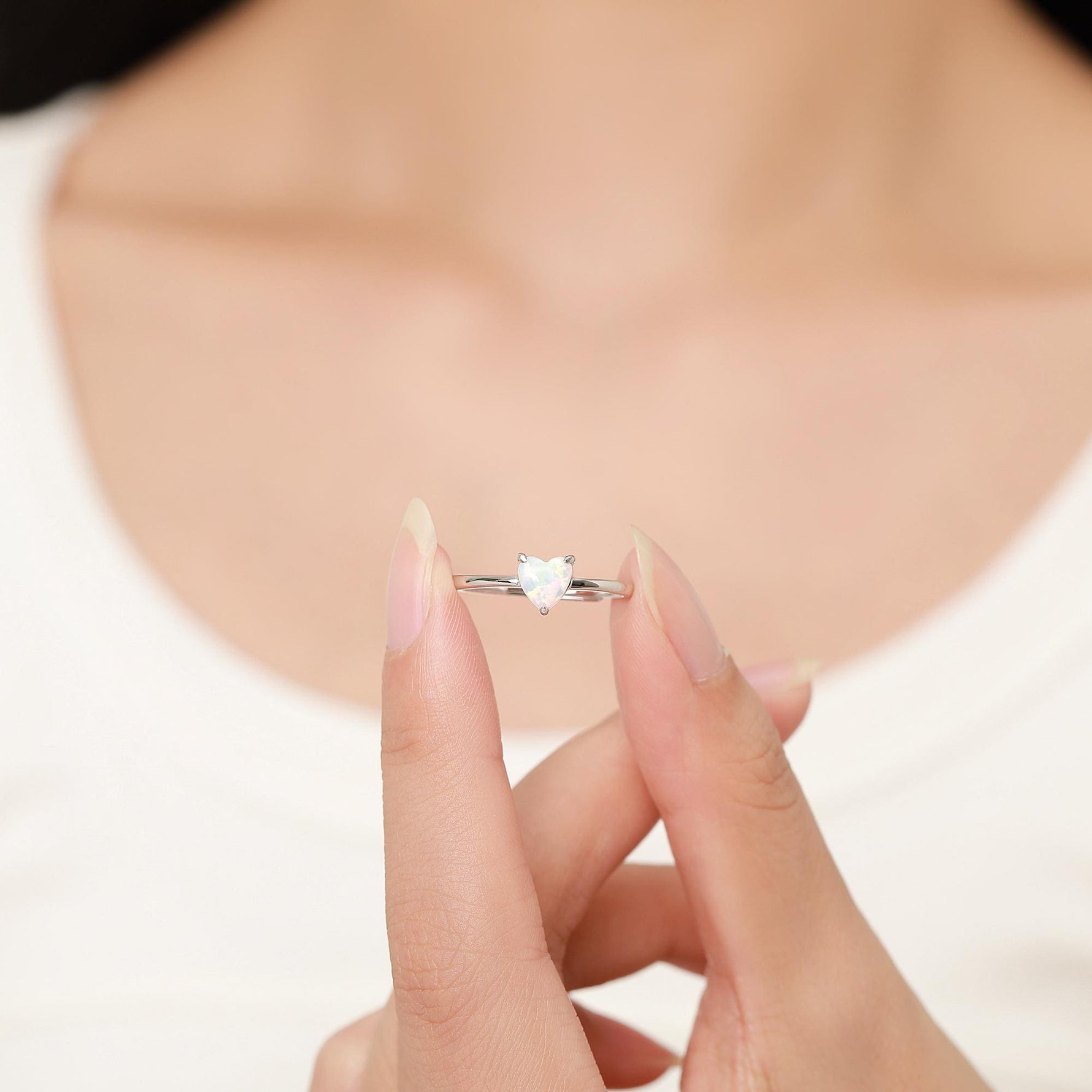 Fire Opal Heart Ring in Sterling Silver, Adjustable Size Opal Ring, Prong Set, Lab Opal Stone Ring, Opal Ring, Delicate Stacking Ring