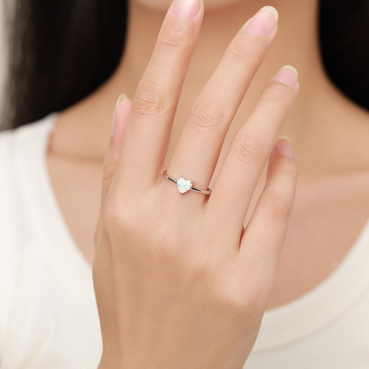 Fire Opal Heart Ring in Sterling Silver, Adjustable Size Opal Ring, Prong Set, Lab Opal Stone Ring, Opal Ring, Delicate Stacking Ring
