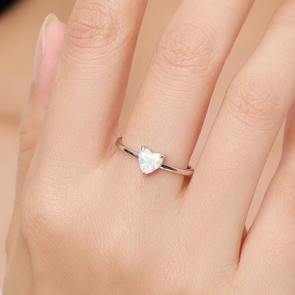 Fire Opal Heart Ring in Sterling Silver, Adjustable Size Opal Ring, Prong Set, Lab Opal Stone Ring, Opal Ring, Delicate Stacking Ring