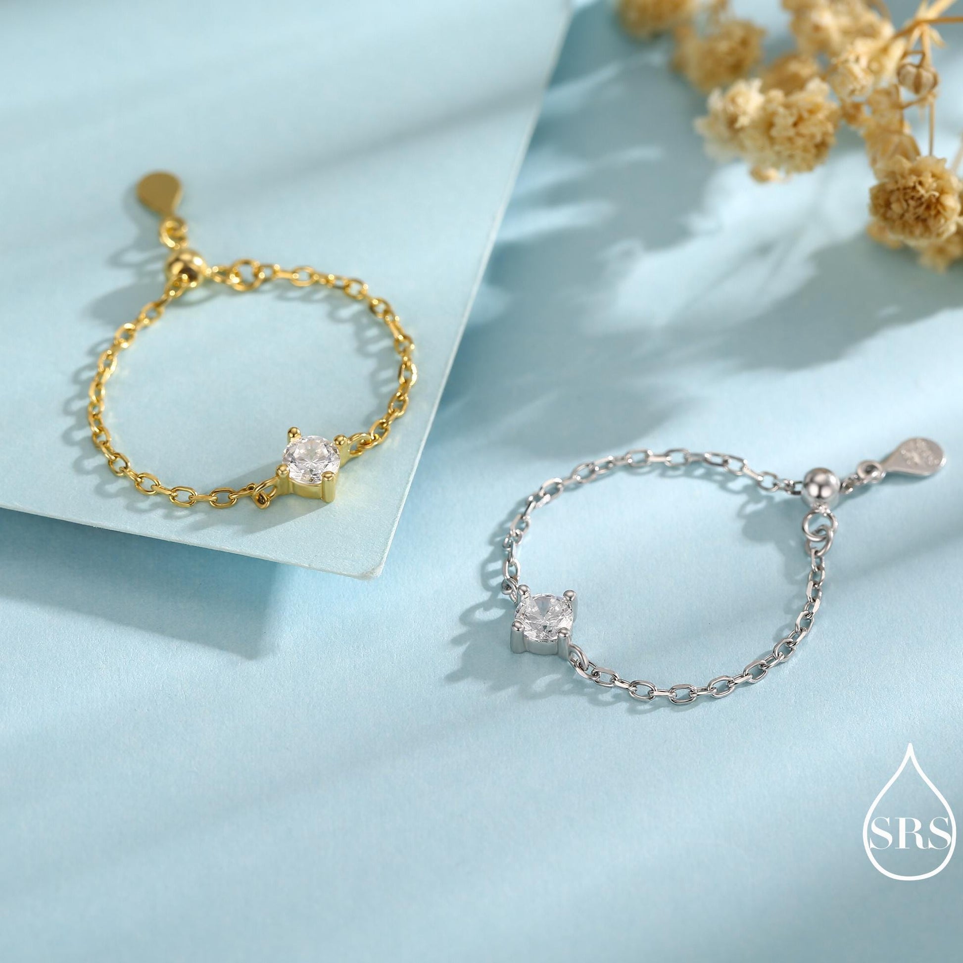 Sterling Silver Sparkly CZ Soft Chain Ring, Adjustable Size Crystal Chain Ring, Silver or Gold Finish, Soft chain Ring in Sterling Silver