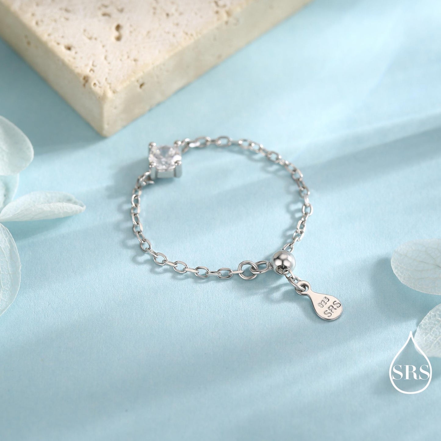 Sterling Silver Sparkly CZ Soft Chain Ring, Adjustable Size Crystal Chain Ring, Silver or Gold Finish, Soft chain Ring in Sterling Silver