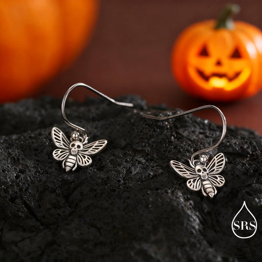 Death's-head Hawkmoth Moth Drop Hook Earrings in Sterling Silver, Silver Gold or Rose Gold, Nature Inspired Insect Animal Earrings