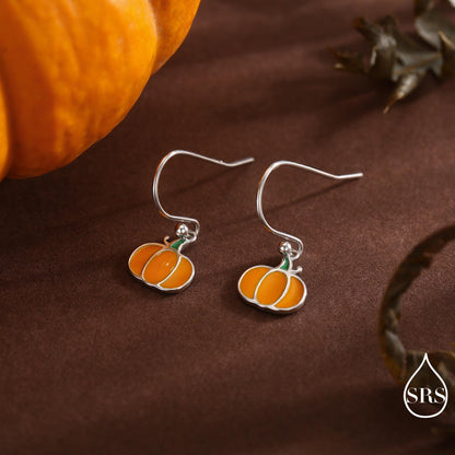 Enamel Pumpkin Drop Hook Earrings in Sterling Silver, Silver, Gold or Rose Gold Finish, Pumpkin Earrings, Halloween Earrings