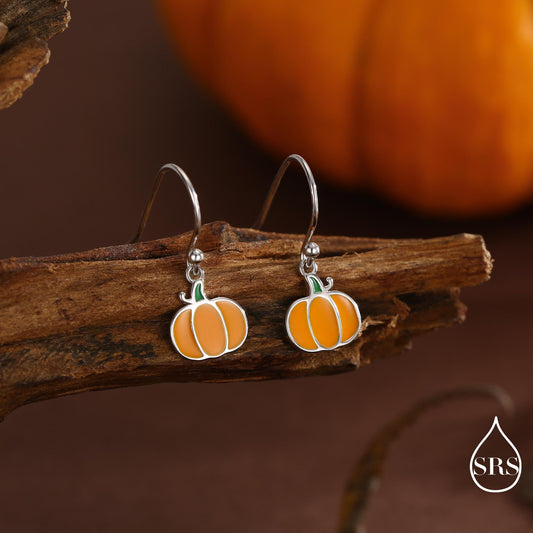 Enamel Pumpkin Drop Hook Earrings in Sterling Silver, Silver, Gold or Rose Gold Finish, Pumpkin Earrings, Halloween Earrings
