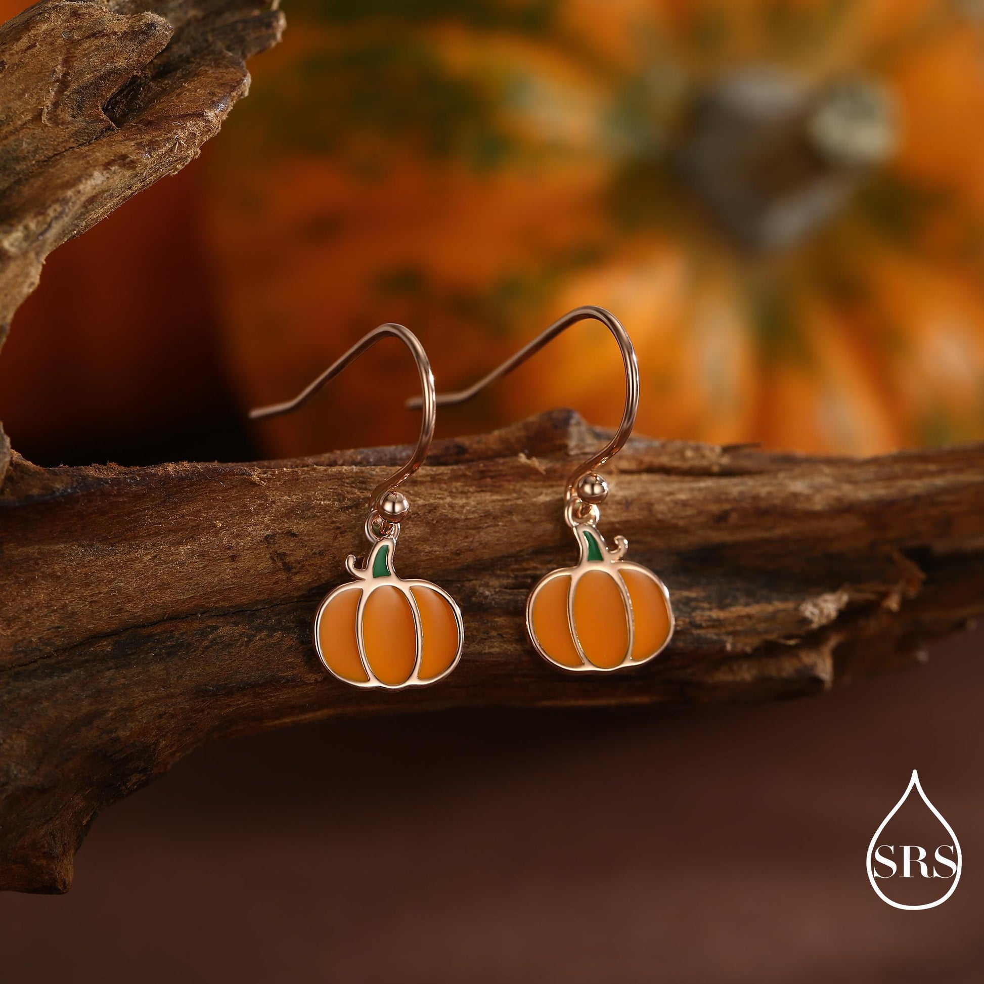Enamel Pumpkin Drop Hook Earrings in Sterling Silver, Silver, Gold or Rose Gold Finish, Pumpkin Earrings, Halloween Earrings