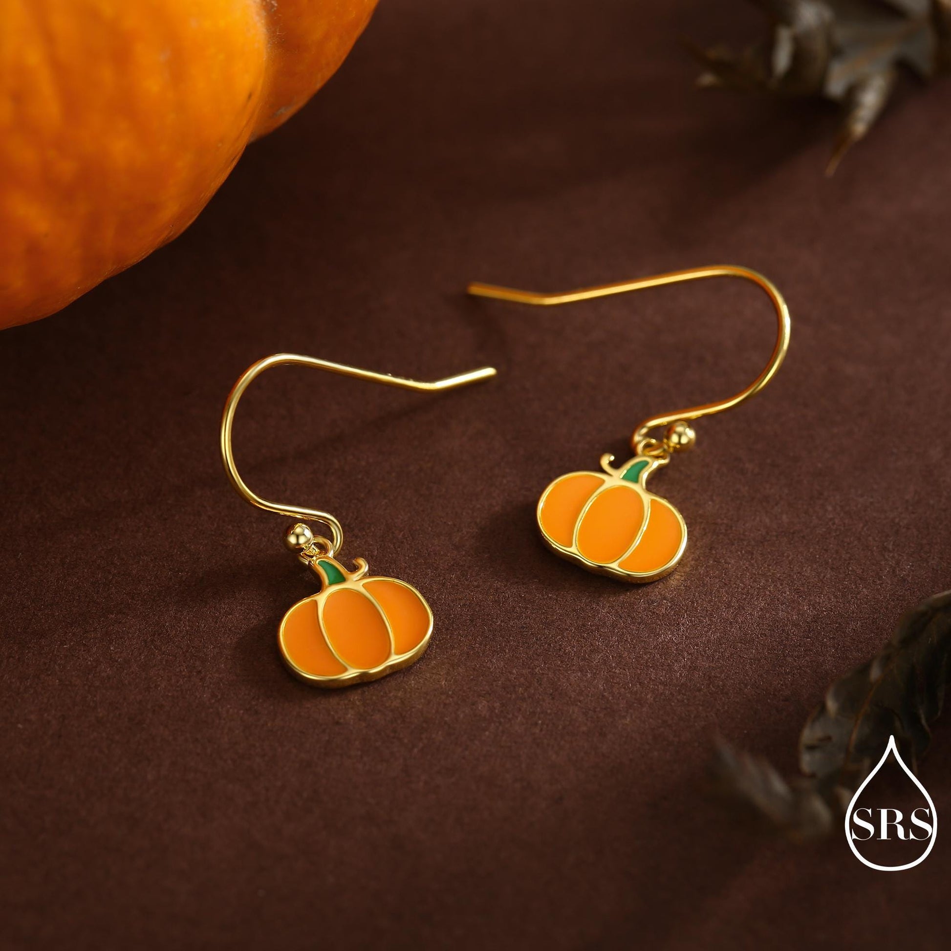 Enamel Pumpkin Drop Hook Earrings in Sterling Silver, Silver, Gold or Rose Gold Finish, Pumpkin Earrings, Halloween Earrings