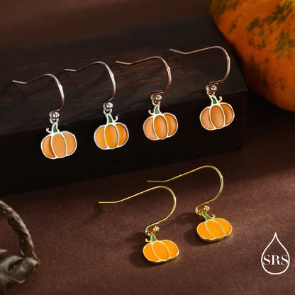 Enamel Pumpkin Drop Hook Earrings in Sterling Silver, Silver, Gold or Rose Gold Finish, Pumpkin Earrings, Halloween Earrings