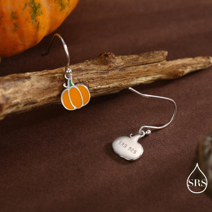 Enamel Pumpkin Drop Hook Earrings in Sterling Silver, Silver, Gold or Rose Gold Finish, Pumpkin Earrings, Halloween Earrings