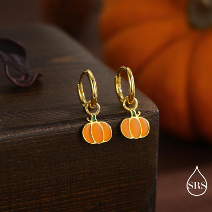 Enamel Pumpkin Huggie Hoops Earrings in Sterling Silver, Silver or Gold or Rose Gold Finish, Pumpkin Earrings, Detachable Charms