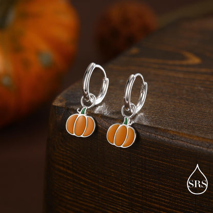 Enamel Pumpkin Huggie Hoops Earrings in Sterling Silver, Silver or Gold or Rose Gold Finish, Pumpkin Earrings, Detachable Charms