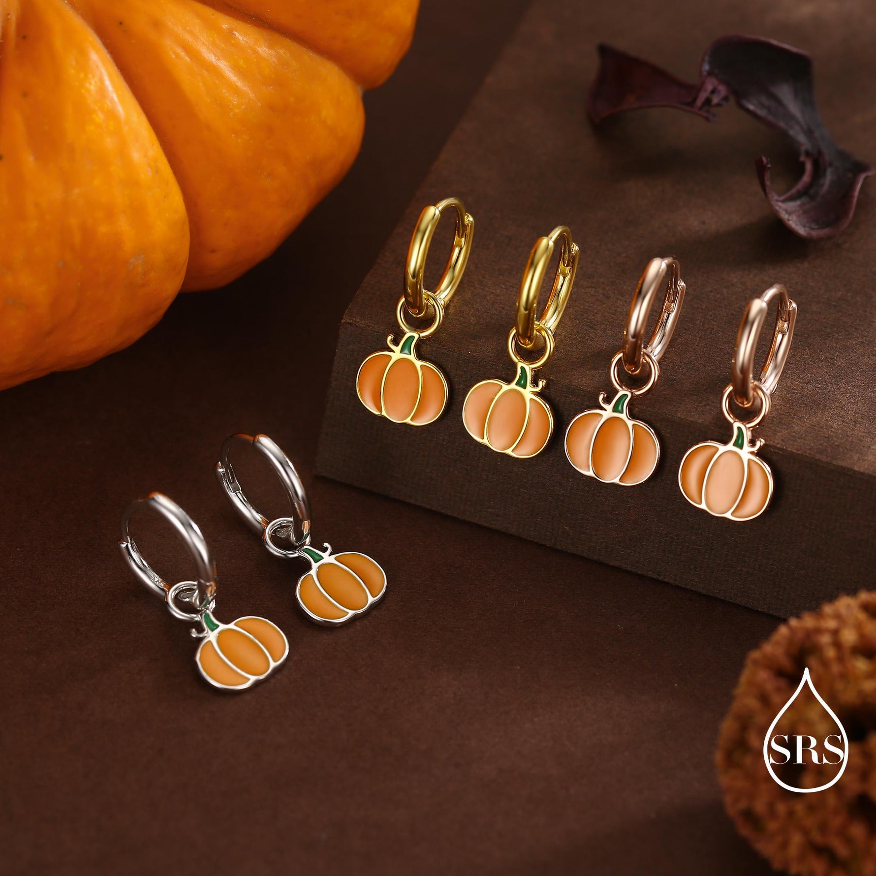 Enamel Pumpkin Huggie Hoops Earrings in Sterling Silver, Silver or Gold or Rose Gold Finish, Pumpkin Earrings, Detachable Charms