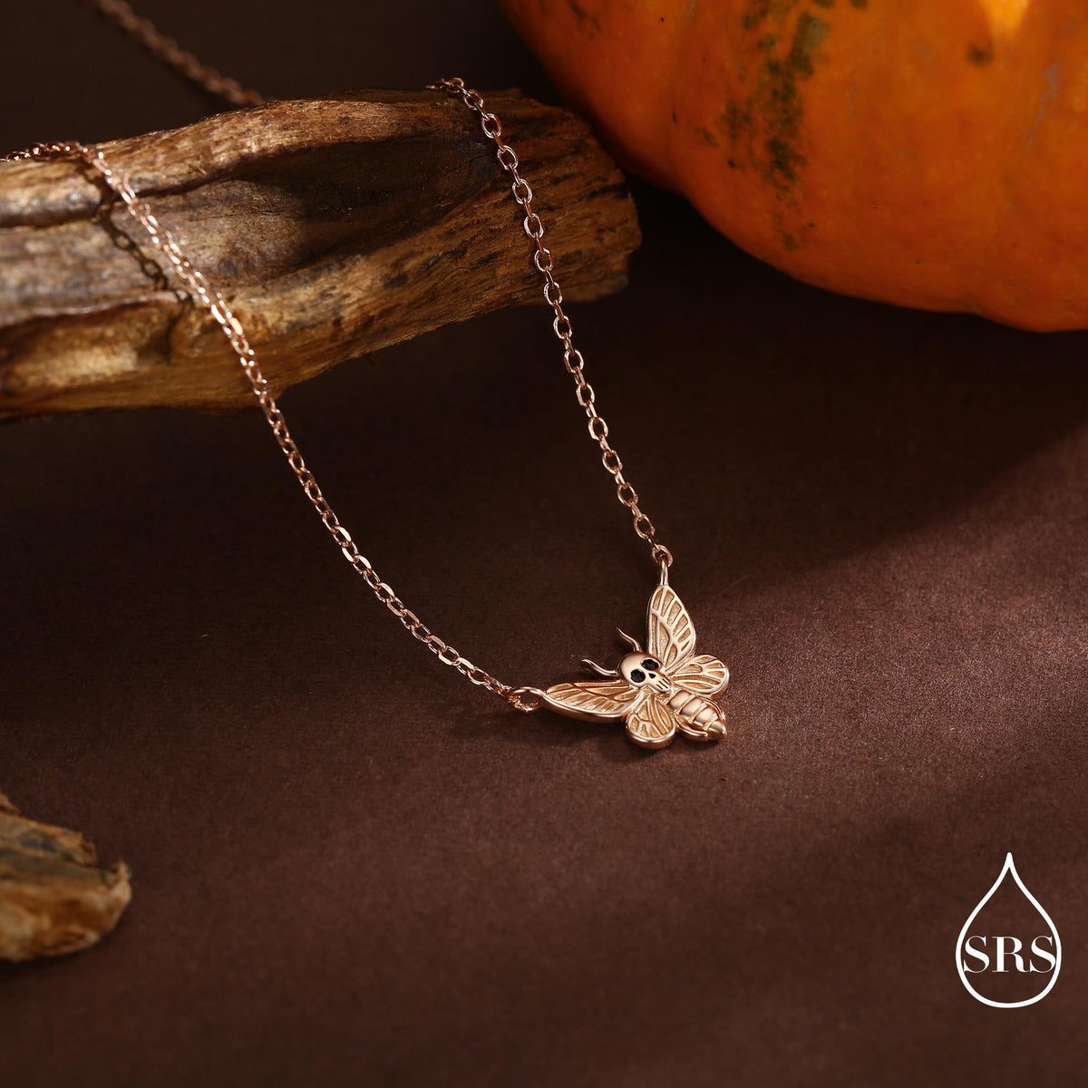 Sterling Silver Death’s-Head Moth Necklace – Gothic Insect Pendant with Skull Detail, Halloween Dark Aesthetic Jewellery by SRS