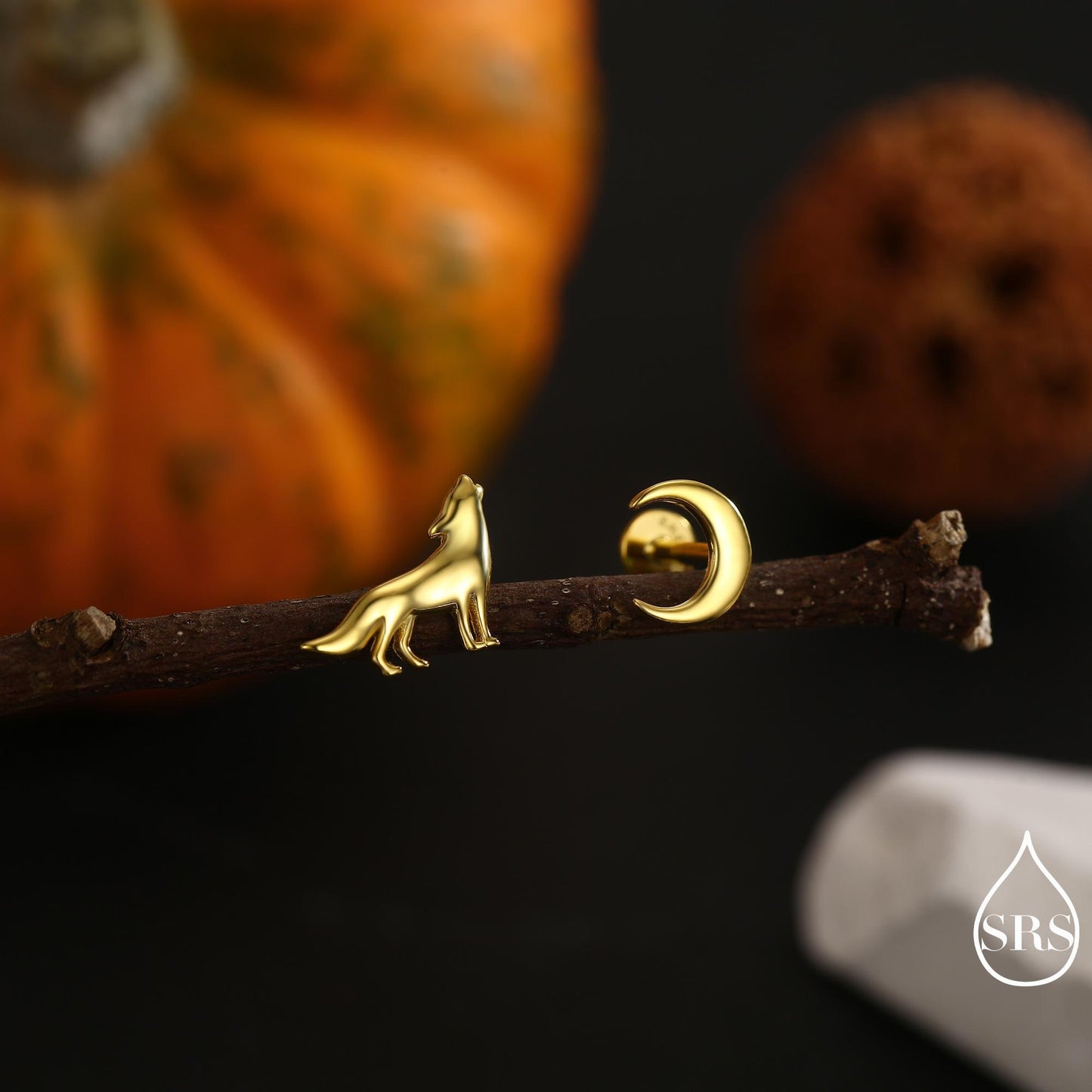 Mismatched Wolf and Moon Internally Threaded Flat Back /Screw Back / Stud Earrings in Sterling Silver, Silver, Gold or Rose Gold