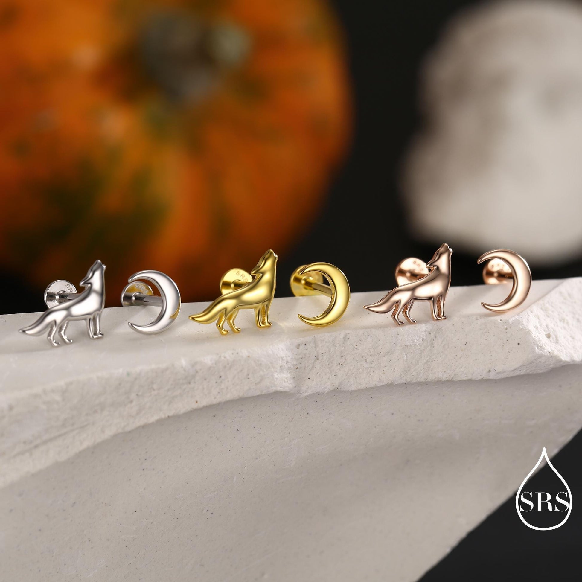 Mismatched Wolf and Moon Internally Threaded Flat Back /Screw Back / Stud Earrings in Sterling Silver, Silver, Gold or Rose Gold