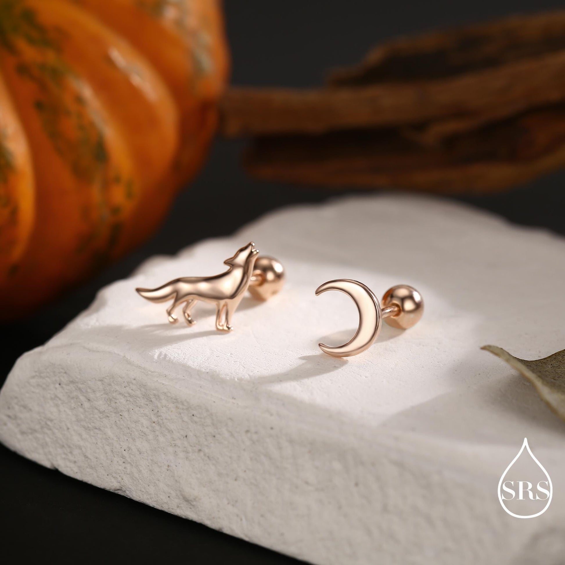 Mismatched Wolf and Moon Screw Back / Flat Back / Stud Earrings in Sterling Silver, Silver, Gold or Rose Gold, Asymmetric Earrings