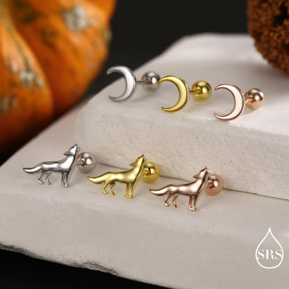 Mismatched Wolf and Moon Screw Back / Flat Back / Stud Earrings in Sterling Silver, Silver, Gold or Rose Gold, Asymmetric Earrings