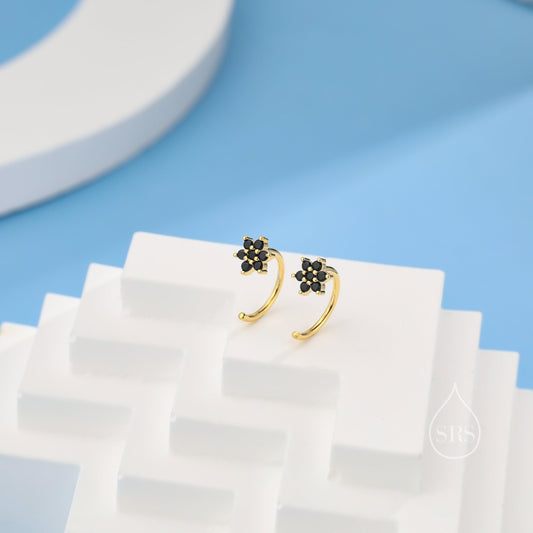 Black CZ Flower Huggie Hoop Earrings in Sterling Silver, Tiny CZ Cluster Open Hoops, Pull Through Threaders, Half Hoops