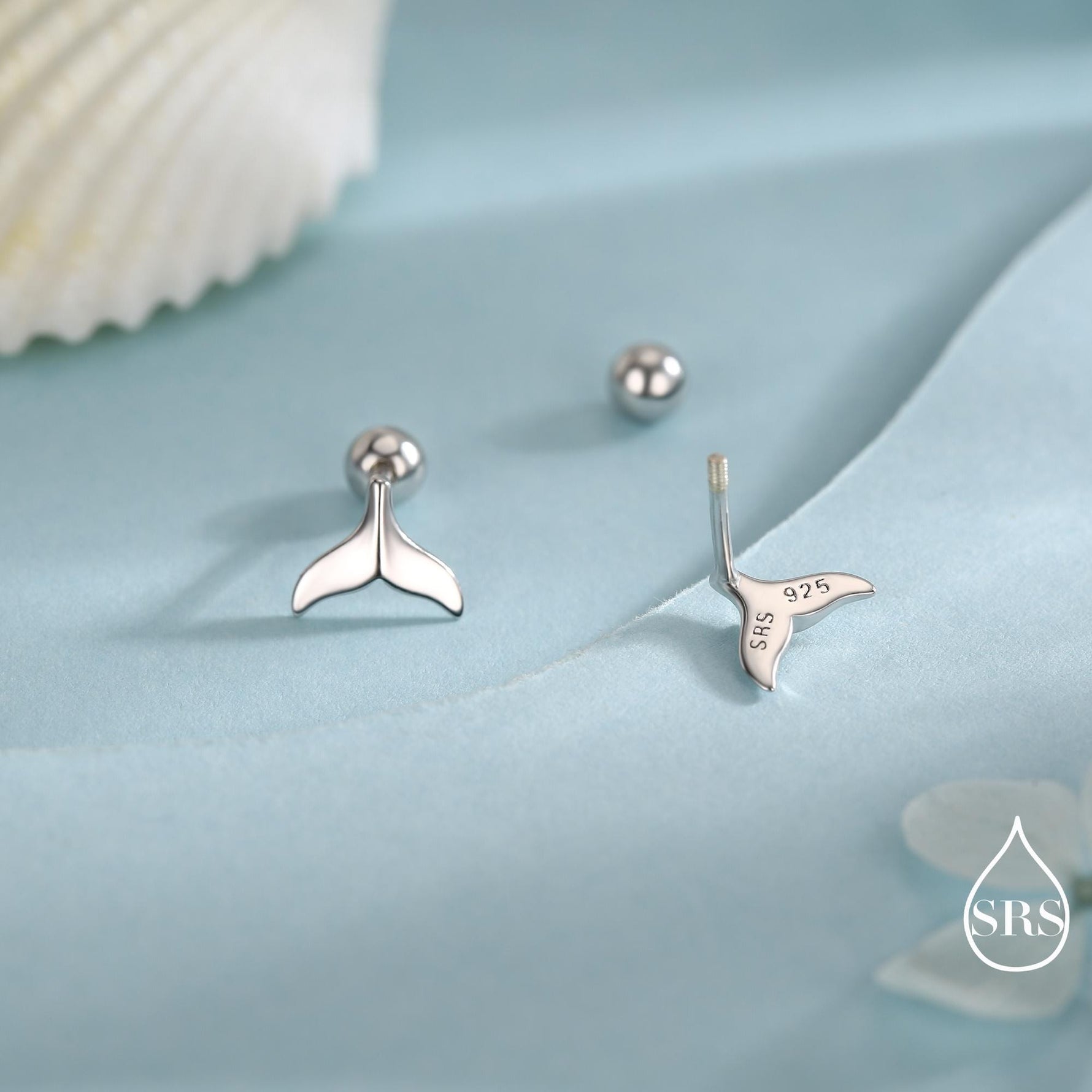 Whale Tail 18G Screw Back Earrings in Sterling Silver, Animal Earrings