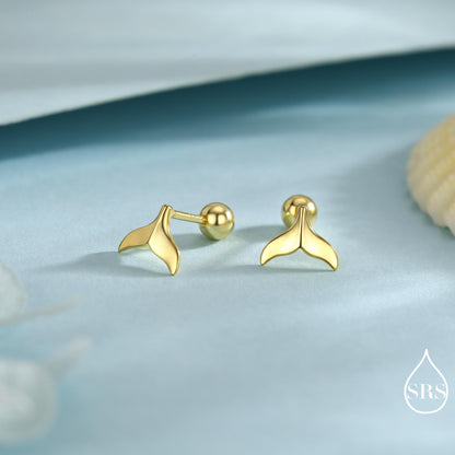 Whale Tail Screw Back / Stud Earrings in Sterling Silver, Silver or Gold or Rose Gold, Fish Tail Earrings, Fish Earrings