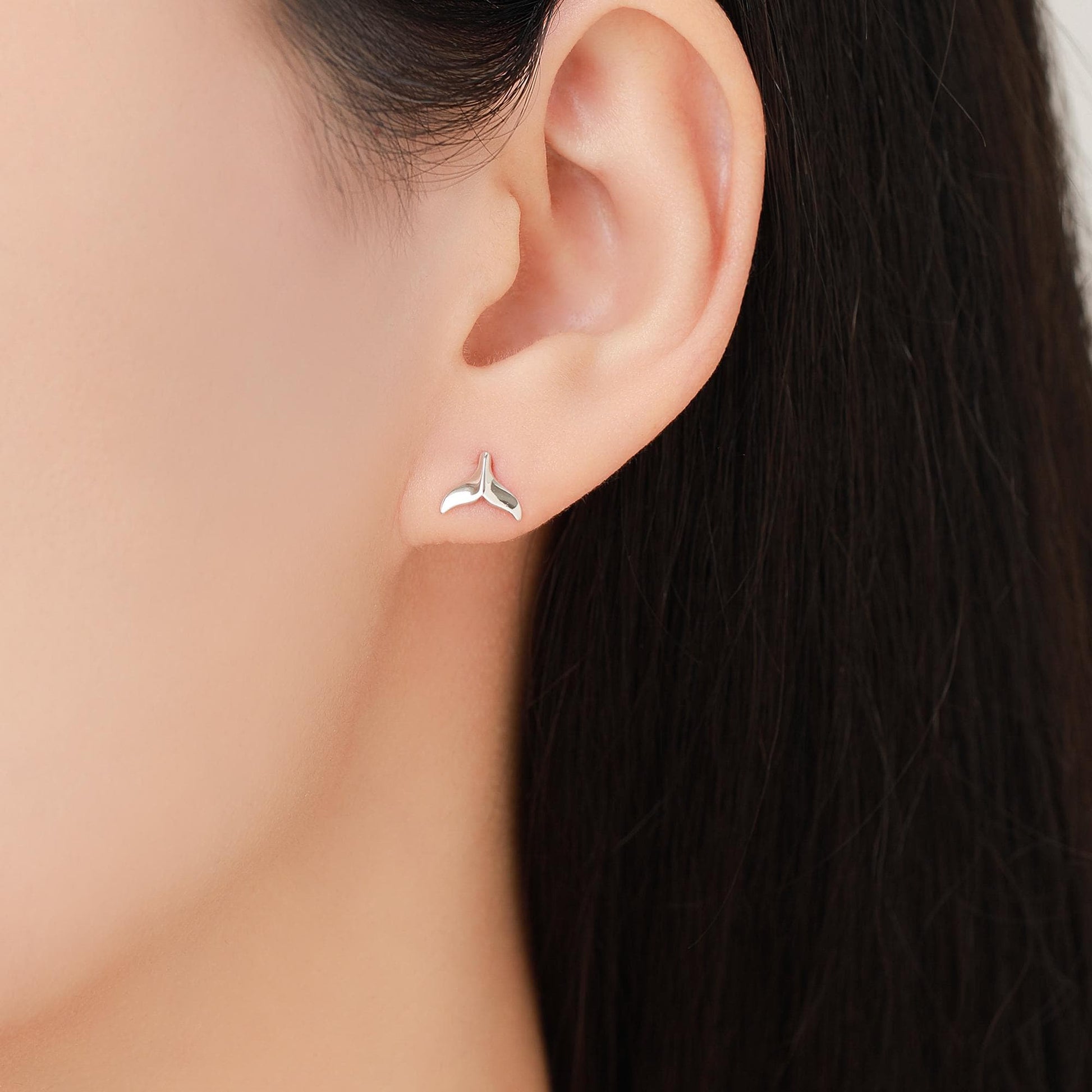 Whale Tail Flat Back Earrings in Sterling Silver, 16G 8mm Internally Threaded Fish Flat Back Earrings