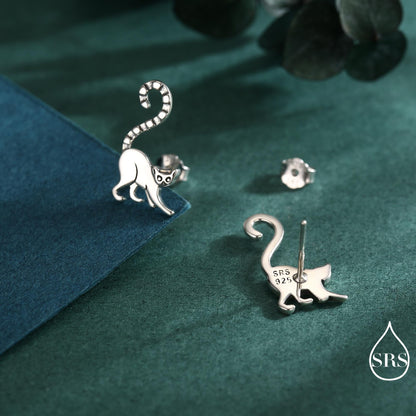Sterling Silver Lemur Earrings | Minimalist Animal Studs | Jungle Cat Earrings | Silver Rain Silver Jewellery