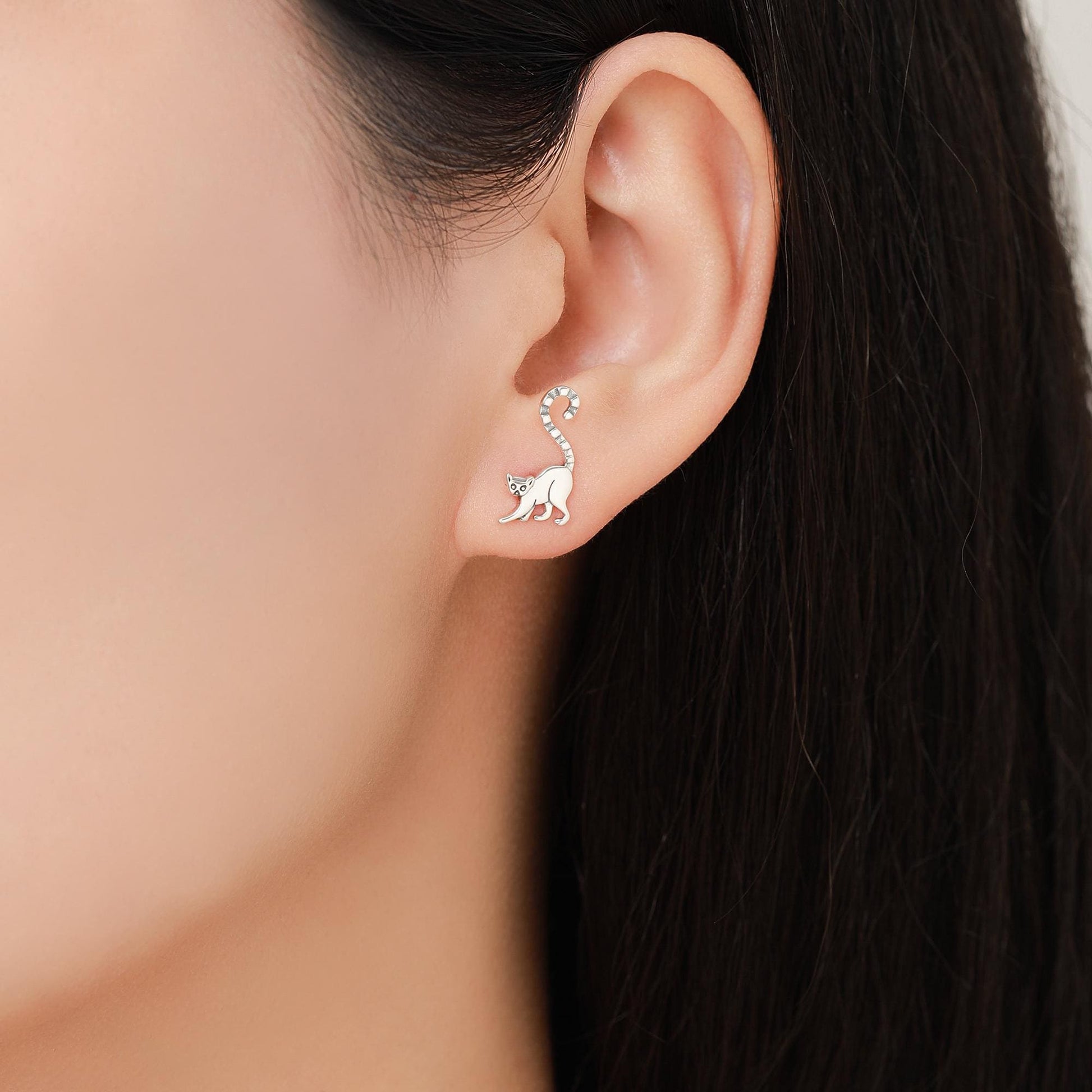 Sterling Silver Lemur Earrings | Minimalist Animal Studs | Jungle Cat Earrings | Silver Rain Silver Jewellery