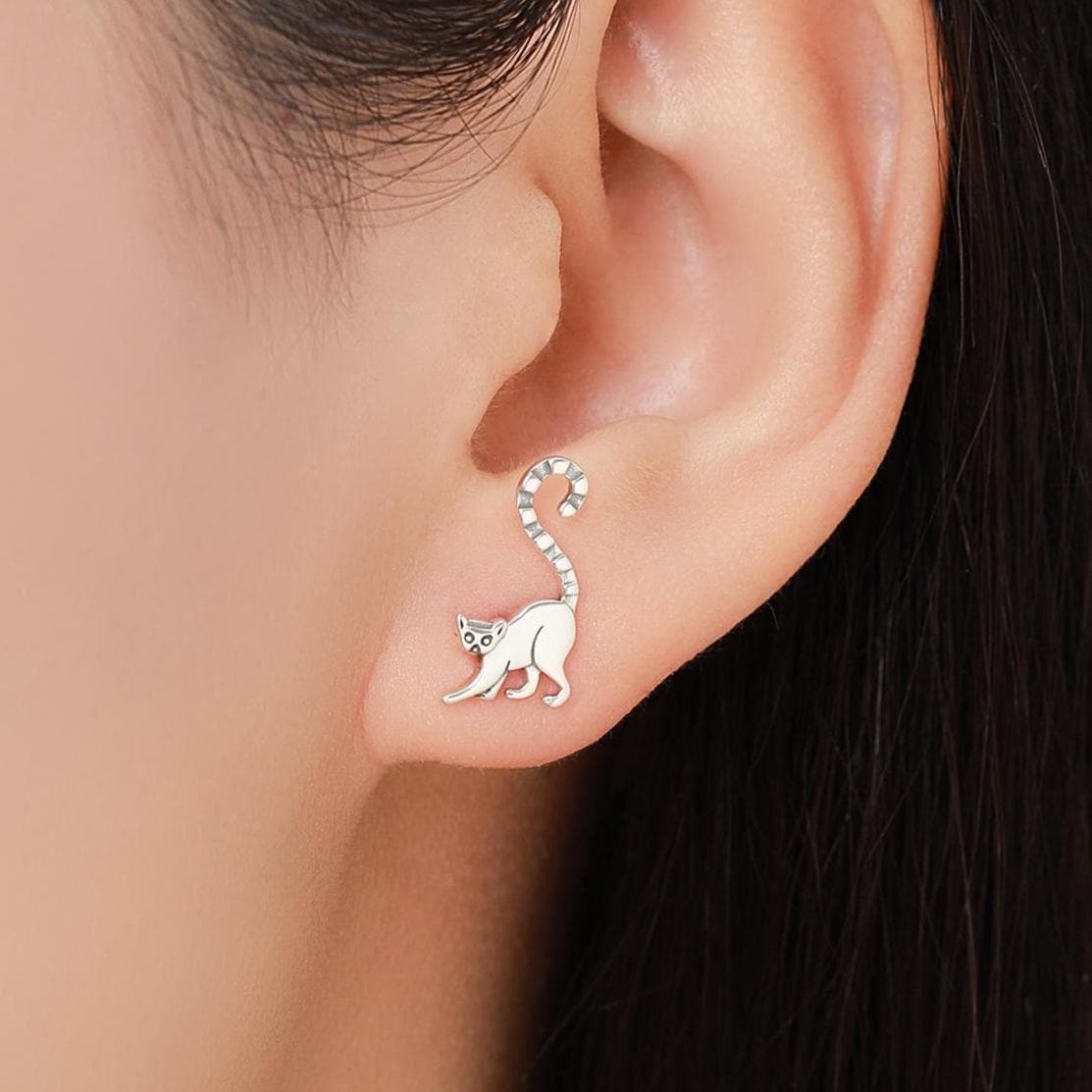 Sterling Silver Lemur Earrings | Minimalist Animal Studs | Jungle Cat Earrings | Silver Rain Silver Jewellery