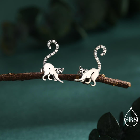 Sterling Silver Lemur Earrings | Minimalist Animal Studs | Jungle Cat Earrings | Silver Rain Silver Jewellery