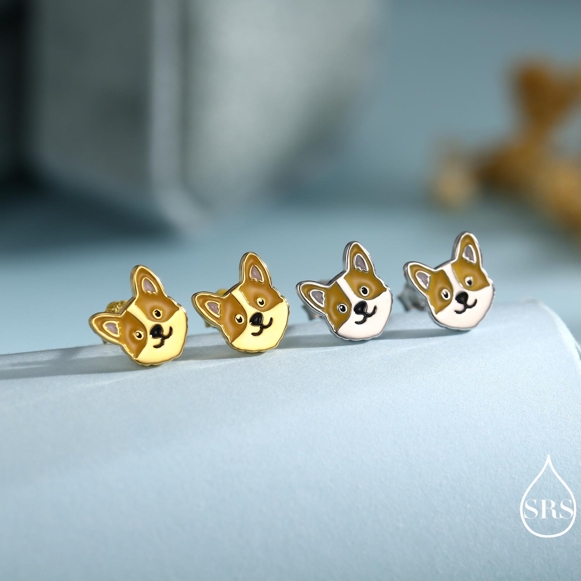 Sterling Silver Corgi Earrings | Cute Dog Studs | Silver or Gold Finish |Enamel Puppy Earrings in Sterling Silver