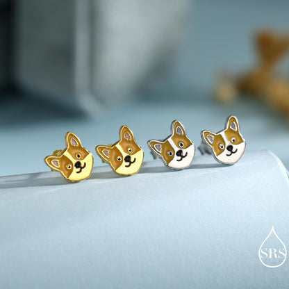 Sterling Silver Corgi Earrings | Cute Dog Studs | Silver or Gold Finish |Enamel Puppy Earrings in Sterling Silver