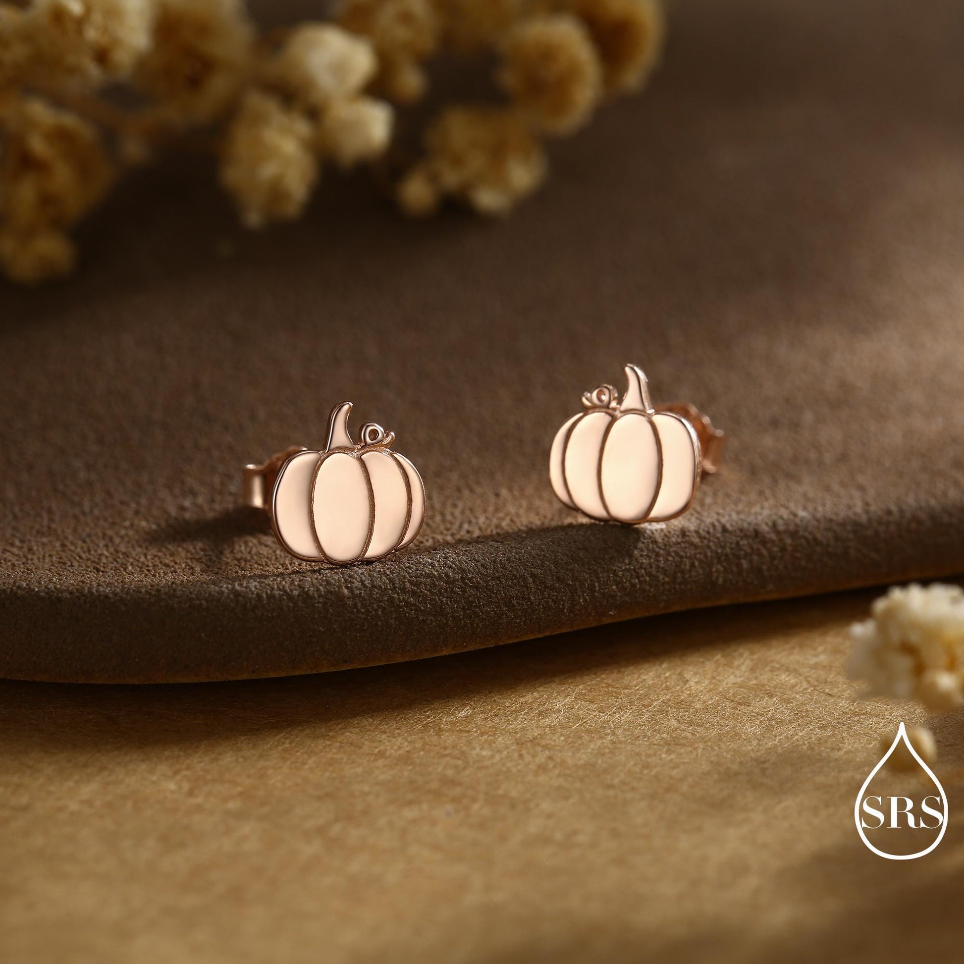 Pumpkin Internally Threaded Flat Back /Stud Earrings in Sterling Silver, Silver, Gold or Rose Gold, Tiny Pumpkin Earrings