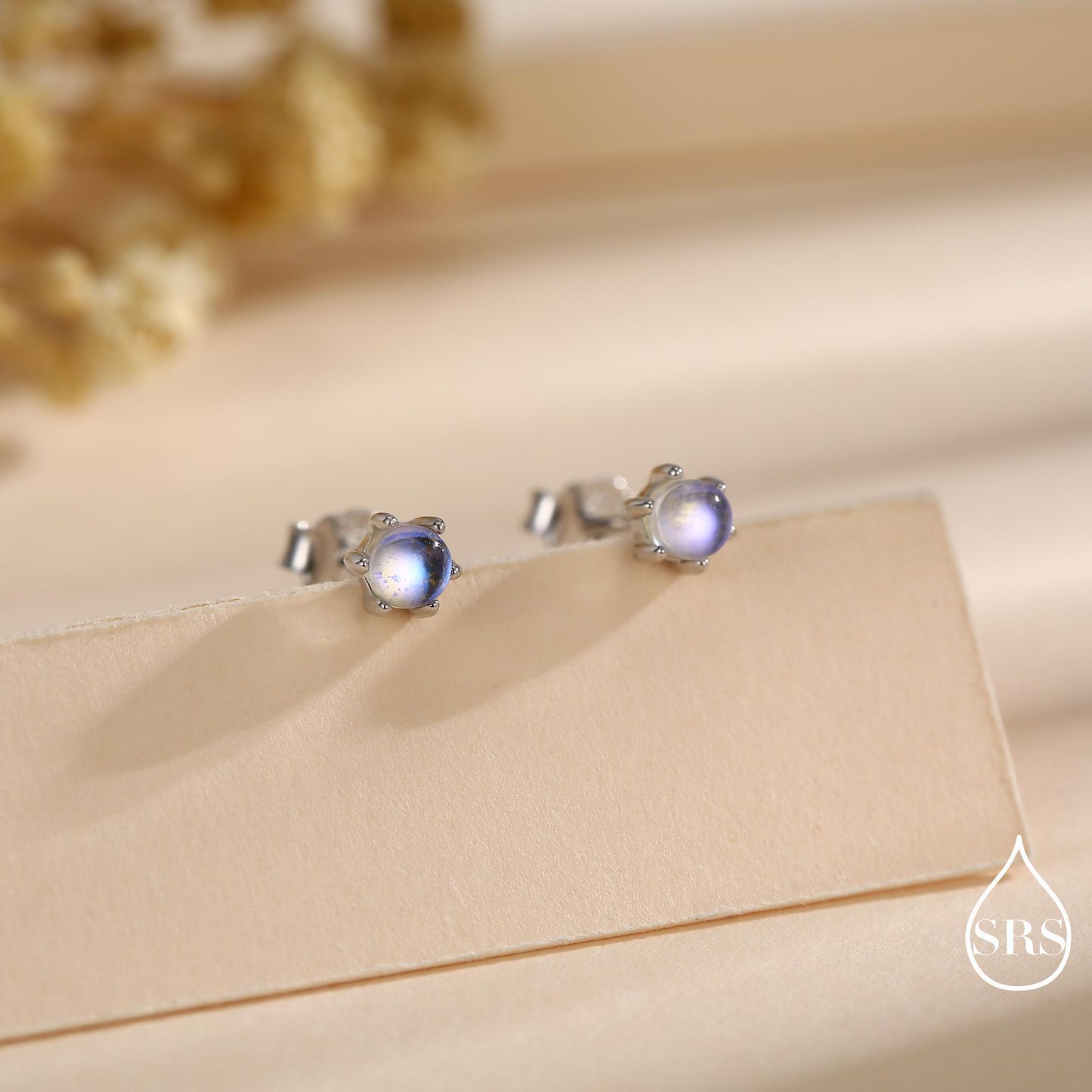 Moonstone Stud Earrings in Sterling Silver, Six Prong, Aurora Stone Stud Earrings, 3mm Aurora Crystal Dot Earrings