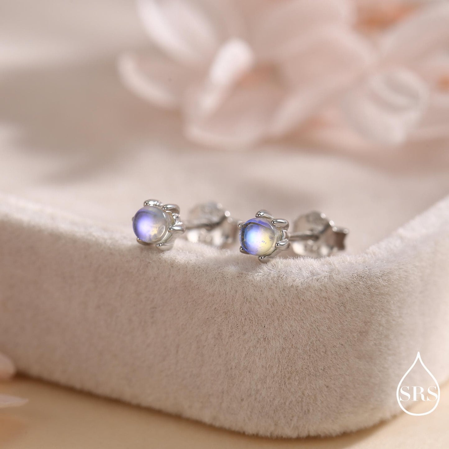 Moonstone Stud Earrings in Sterling Silver, Six Prong, Aurora Stone Stud Earrings, 3mm Aurora Crystal Dot Earrings