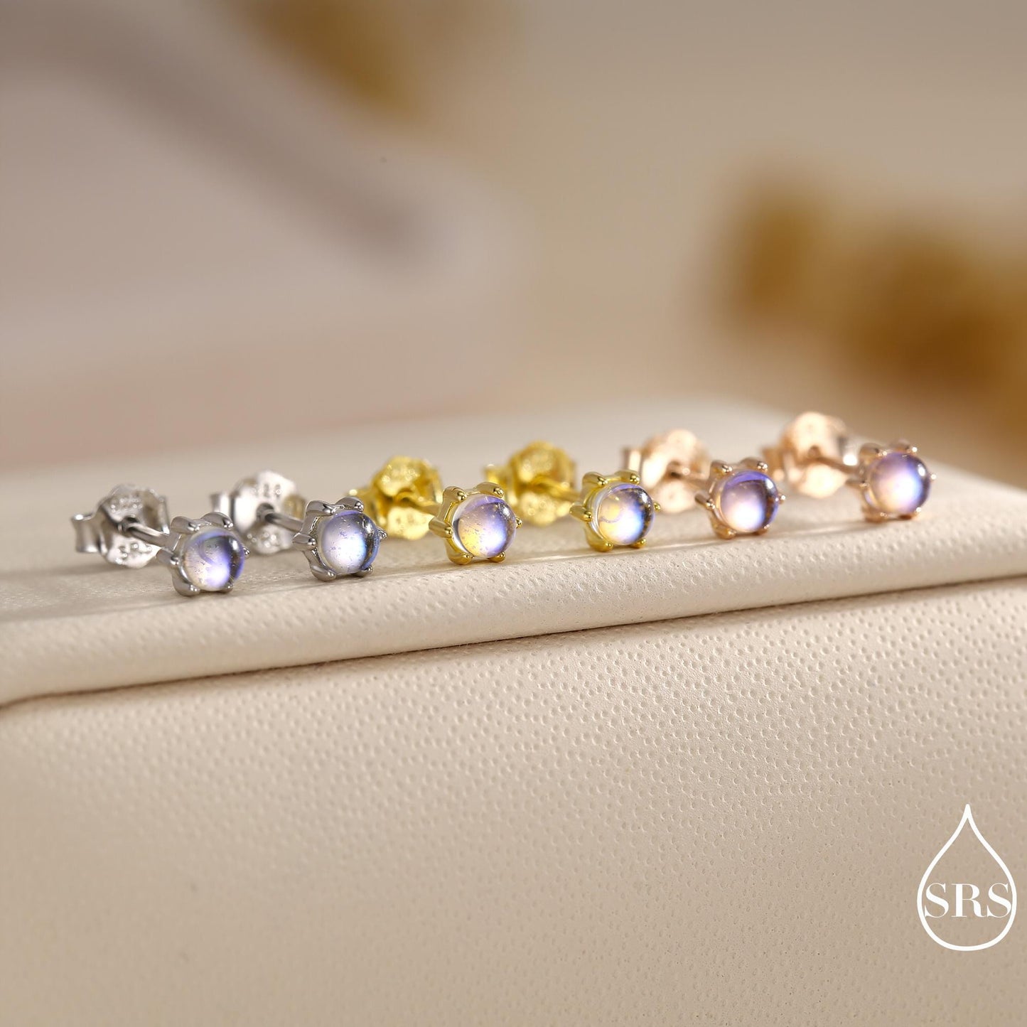 Moonstone Stud Earrings in Sterling Silver, Six Prong, Aurora Stone Stud Earrings, 3mm Aurora Crystal Dot Earrings