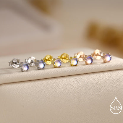Moonstone Stud Earrings in Sterling Silver, Six Prong, Aurora Stone Stud Earrings, 3mm Aurora Crystal Dot Earrings
