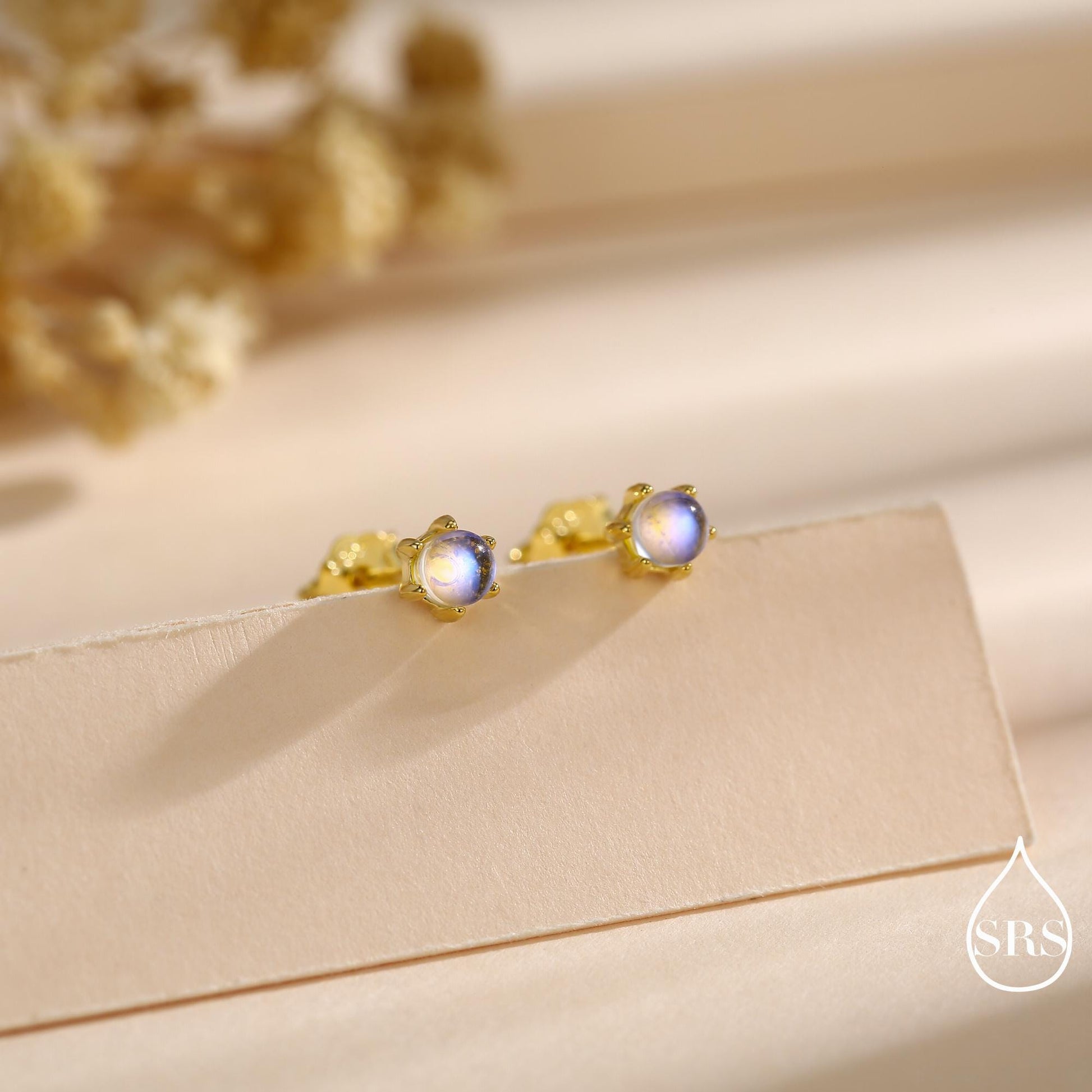 Moonstone Stud Earrings in Sterling Silver, Six Prong, Aurora Stone Stud Earrings, 3mm Aurora Crystal Dot Earrings