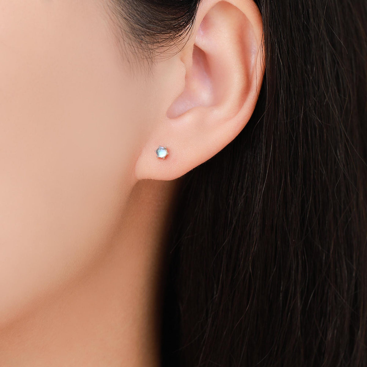 Moonstone Stud Earrings in Sterling Silver, Six Prong Lab Moonstone Stud, Aurora Stone Stud Earrings, 3mm Aurora Crystal Dot Earrings
