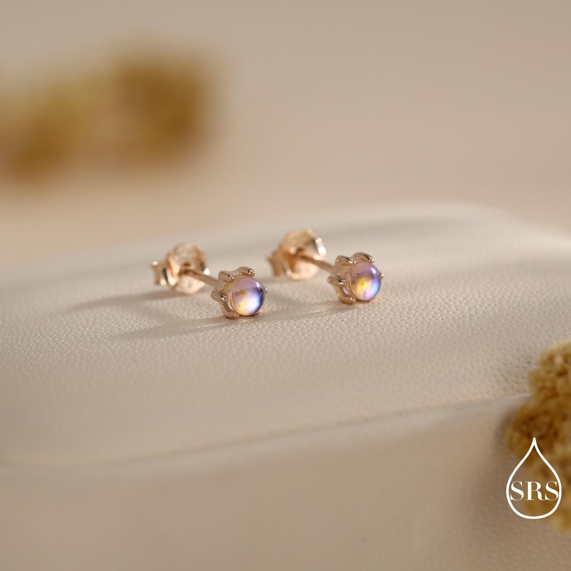 Very Tiny Moonstone Internally Threaded Flat Back/Screw back(Barbell)/ Stud Earrings in Sterling Silver, Lab Moonstone Earrings, Piercing