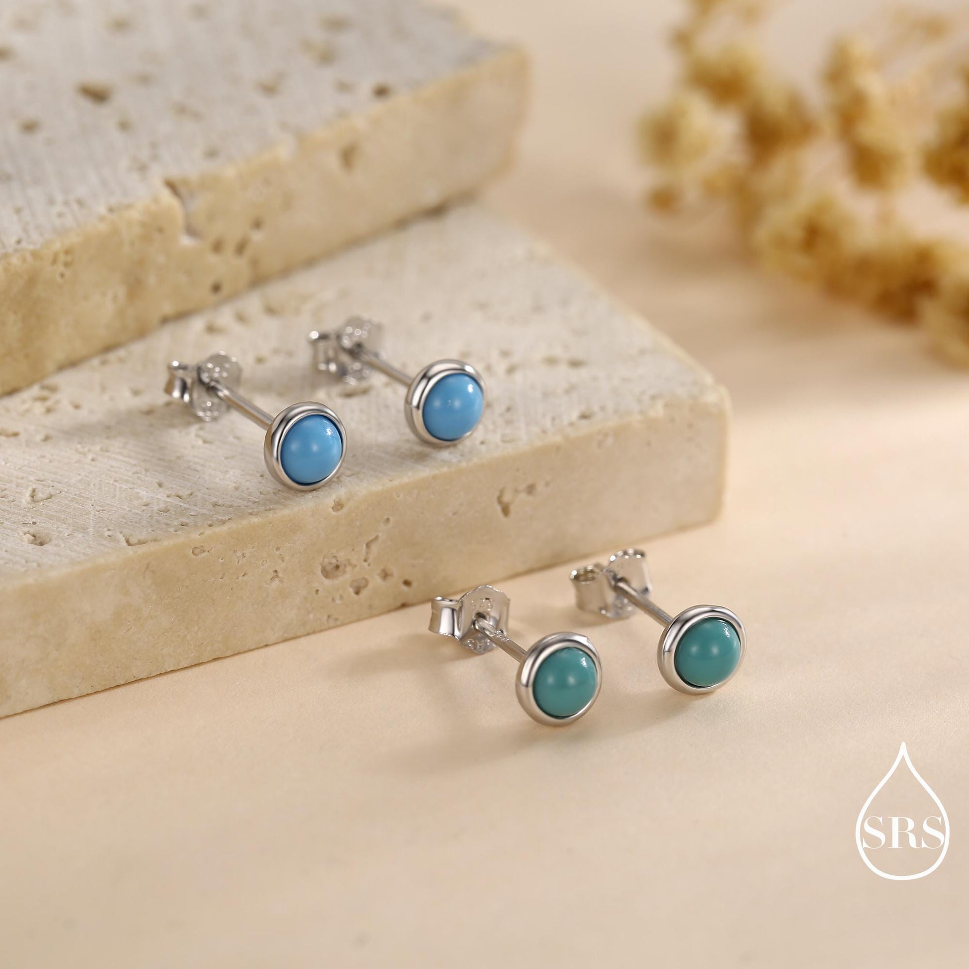 Sterling Silver Turquoise Stud Earrings, 3 or 4mm, Blue or Green Turquoise Gemstone, Bezel, Minimalist December Birthstone