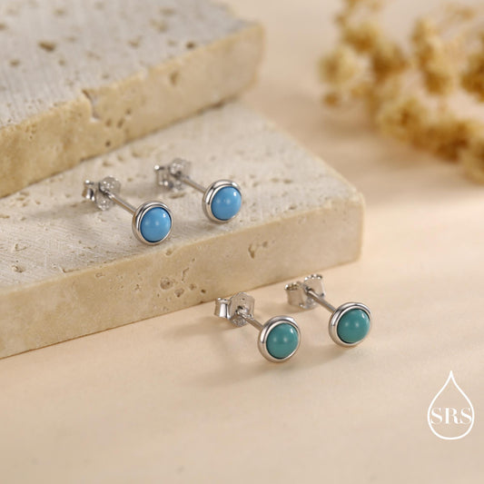 Sterling Silver Turquoise Stud Earrings, 3 or 4mm, Blue or Green Turquoise Gemstone, Bezel, Minimalist December Birthstone