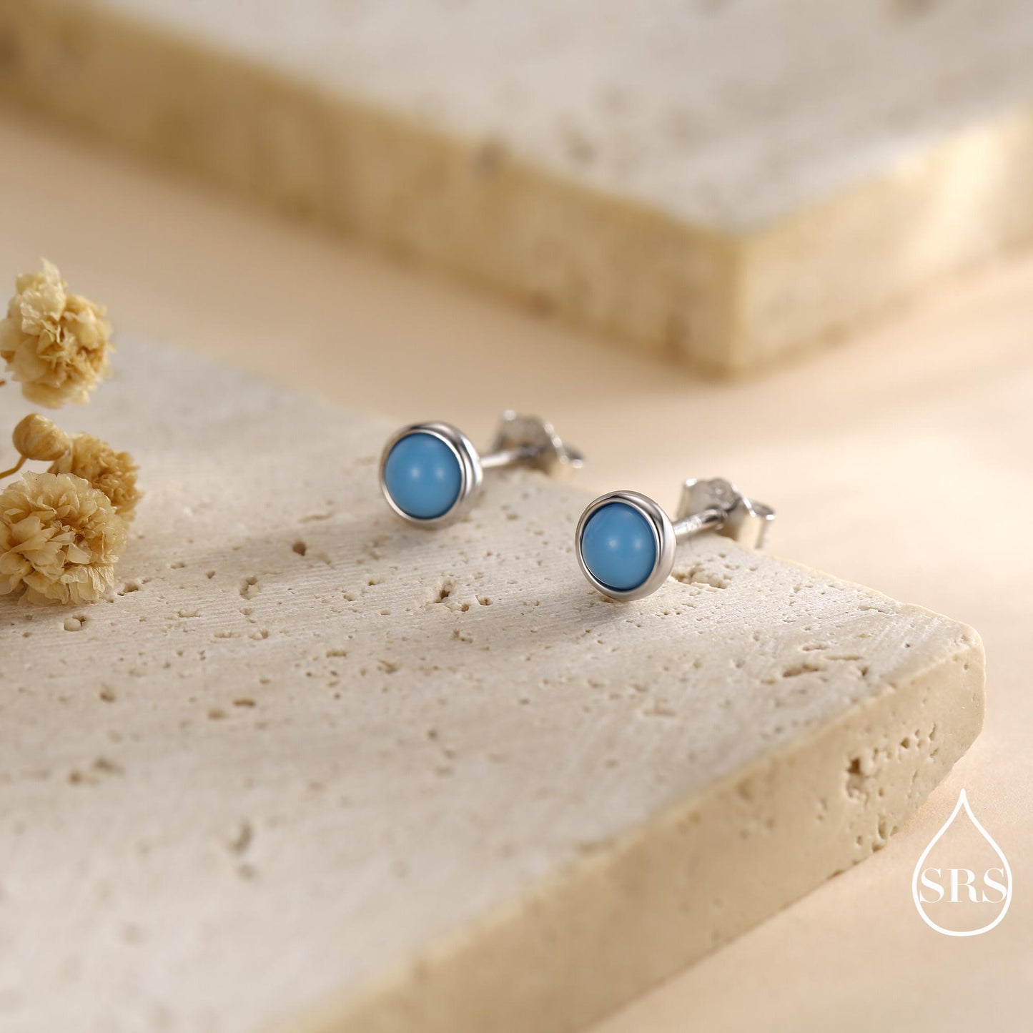 Sterling Silver Turquoise Stud Earrings, 3 or 4mm, Blue or Green Turquoise Gemstone, Bezel, Minimalist December Birthstone