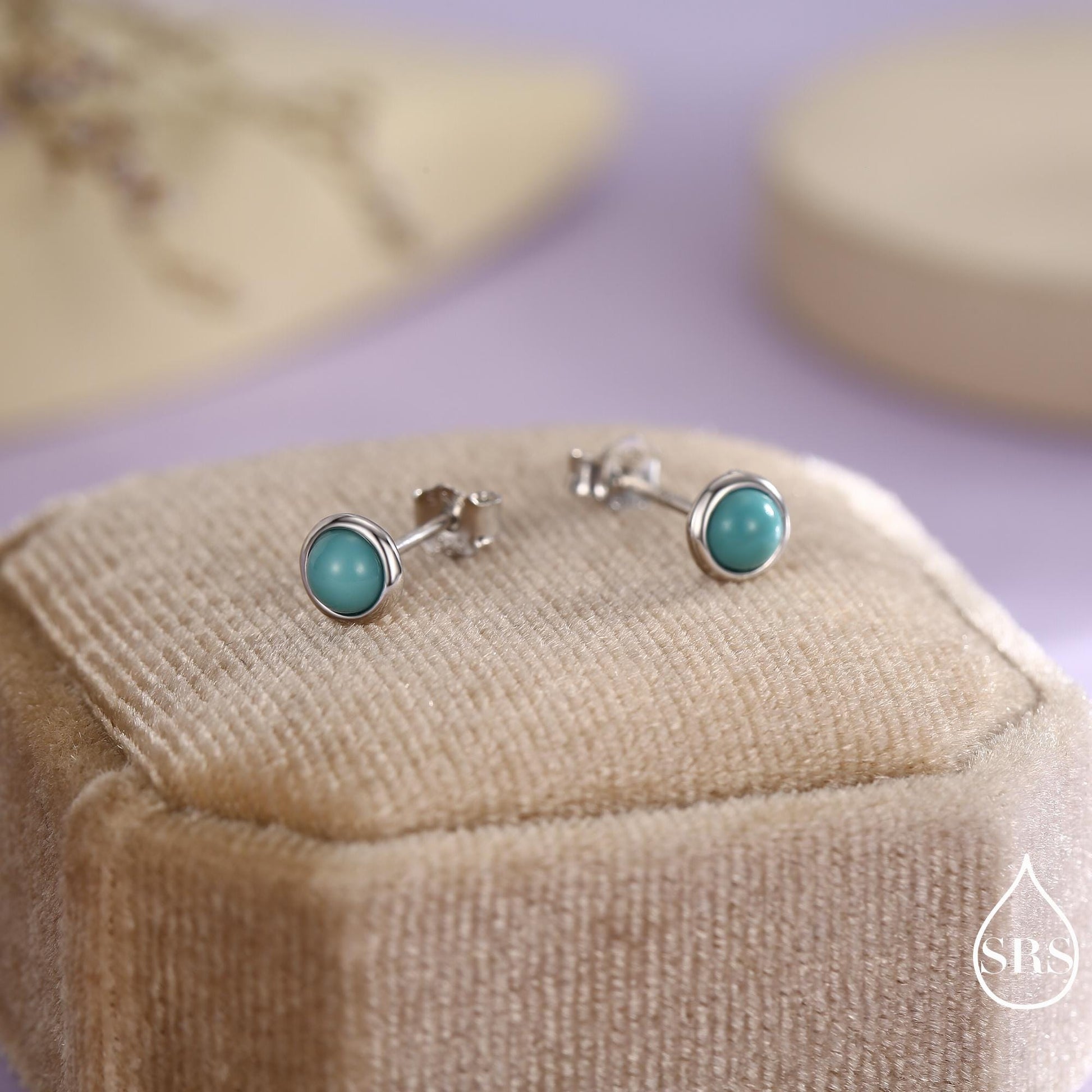 Sterling Silver Turquoise Stud Earrings, 3 or 4mm, Blue or Green Turquoise Gemstone, Bezel, Minimalist December Birthstone