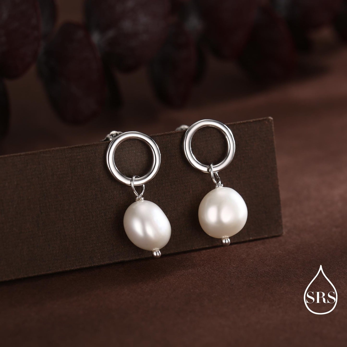 Circle with Dangling Baroque Pearl Drop Stud Earrings in Sterling Silver, Keshi Pearl Earrings, Gold or Silver, Genuine Pearls