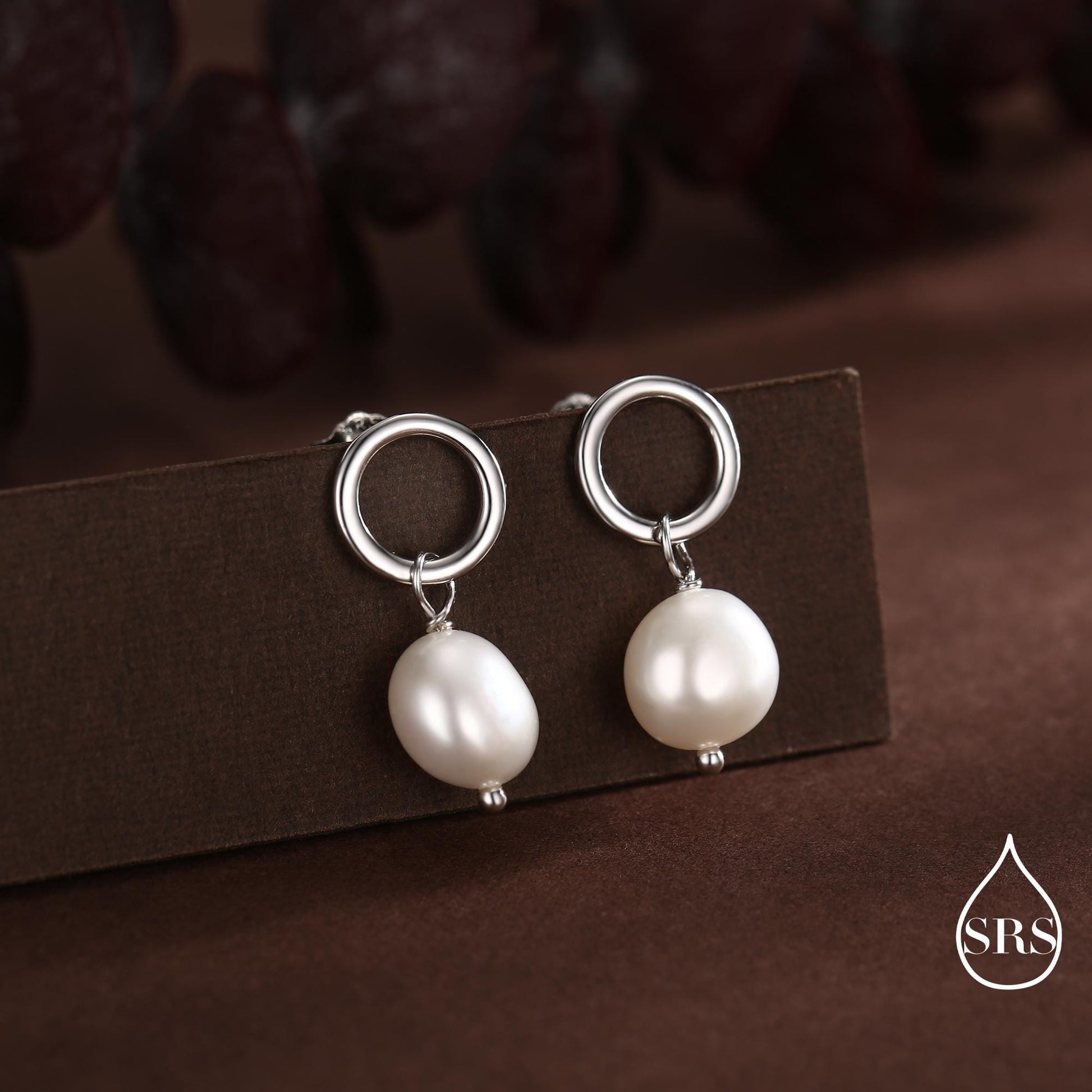 Circle with Dangling Baroque Pearl Drop Stud Earrings in Sterling Silver, Keshi Pearl Earrings, Gold or Silver, Genuine Pearls