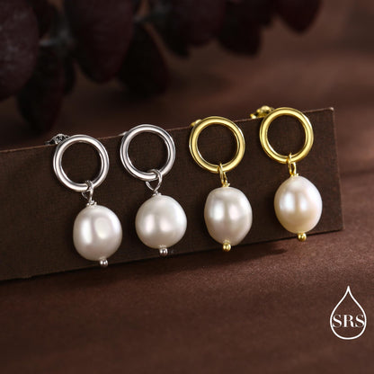 Circle with Dangling Baroque Pearl Drop Stud Earrings in Sterling Silver, Keshi Pearl Earrings, Gold or Silver, Genuine Pearls