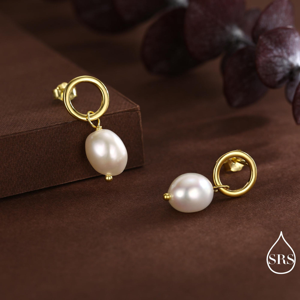 Circle with Dangling Baroque Pearl Drop Stud Earrings in Sterling Silver, Keshi Pearl Earrings, Gold or Silver, Genuine Pearls