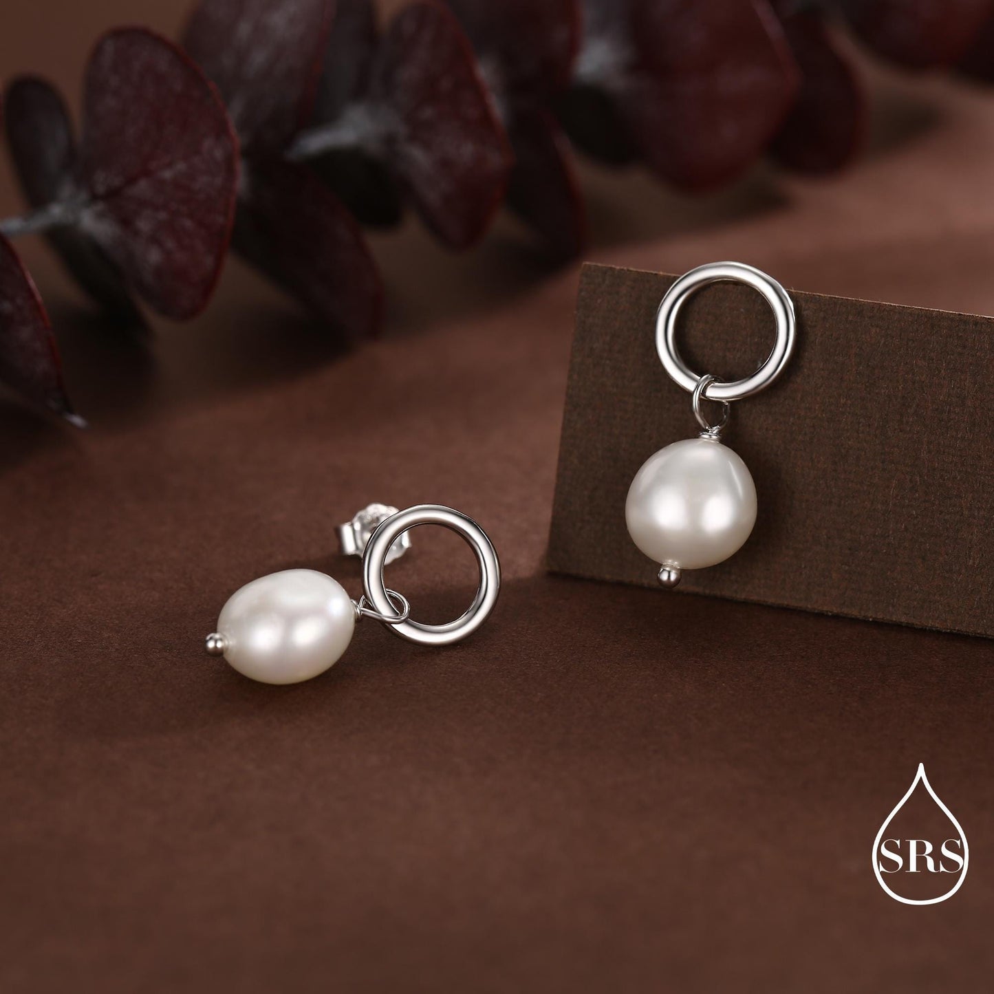 Circle with Dangling Baroque Pearl Drop Stud Earrings in Sterling Silver, Keshi Pearl Earrings, Gold or Silver, Genuine Pearls